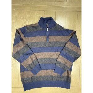 Enzo Mantovani Quarter Zip Mens L‎ Blue Brown Striped Wool Cashmere Blend Italy